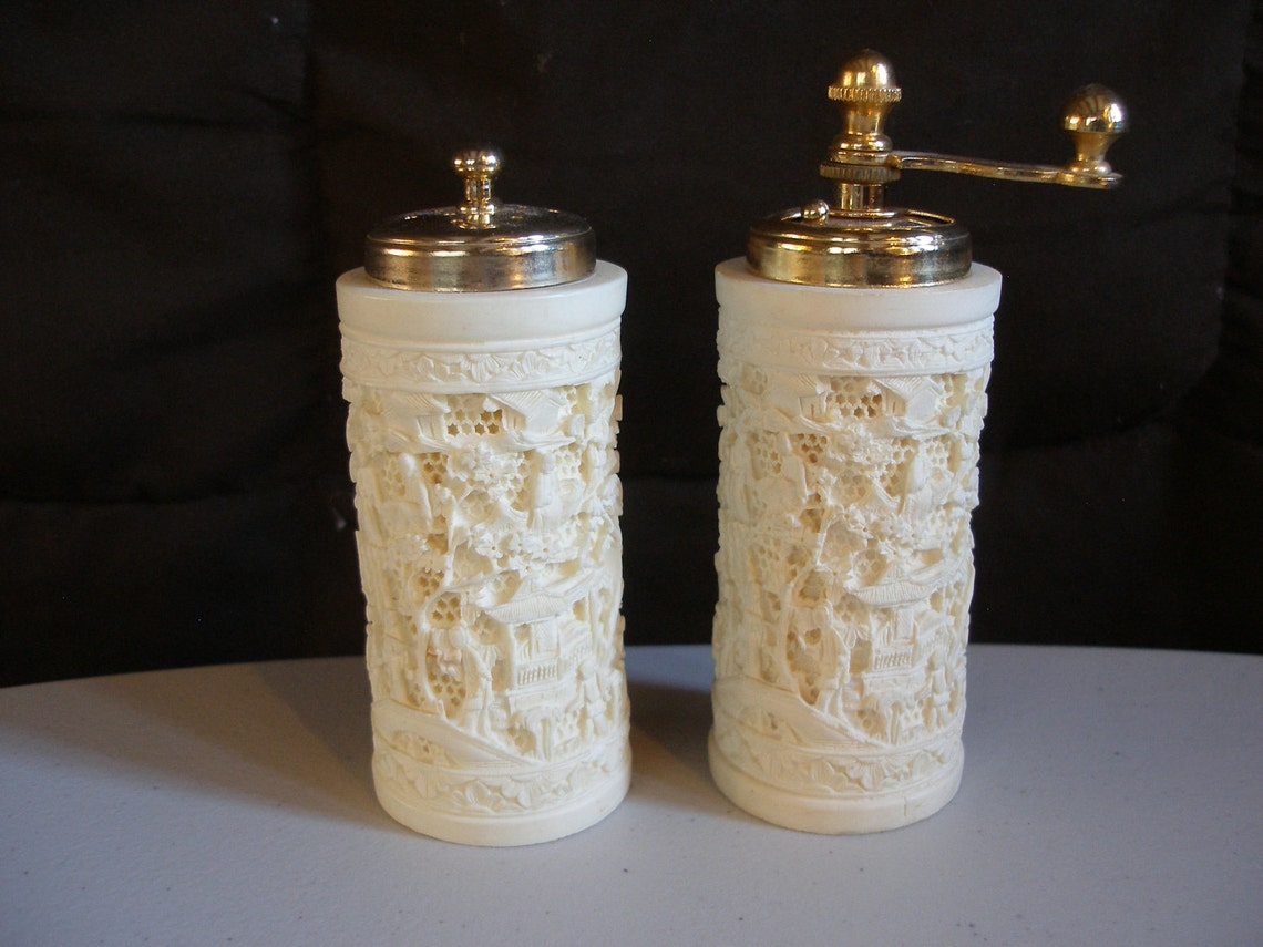 Vintage Carved FRENCH IVORY Pepper GRINDER Salt Shaker Asian Etsy