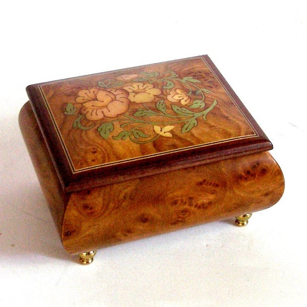 RESERVED4KENNETH Vintage Inlay Burl Wood REUGE music box Plays Ava Maria, Swiss Movement, Sorrento Wood Inlay Italy