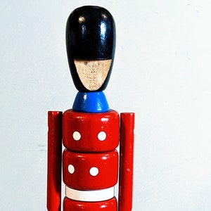 Wooden Toy Soldier Danish Royal Guard 13in Red Blue Paint Stacked Articulated Arm Vintage Mid Century Mod MCM Made In Denmark Bojesen Era VG image 3