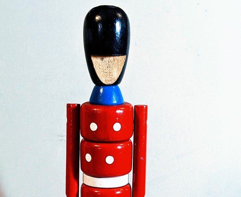 Wooden Toy Soldier Danish Royal Guard 13in Red Blue Paint Stacked Articulated Arm Vintage Mid Century Mod MCM Made In Denmark Bojesen Era VG image 3