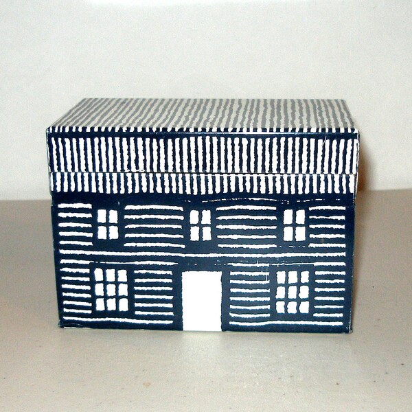 Vintage 1982 Clear Design Small Building Shaped  Metal Recipe Box, Danish Modern Design