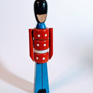 Wooden Toy Soldier Danish Royal Guard 13in Red Blue Paint Stacked Articulated Arm Vintage Mid Century Mod MCM Made In Denmark Bojesen Era VG image 2