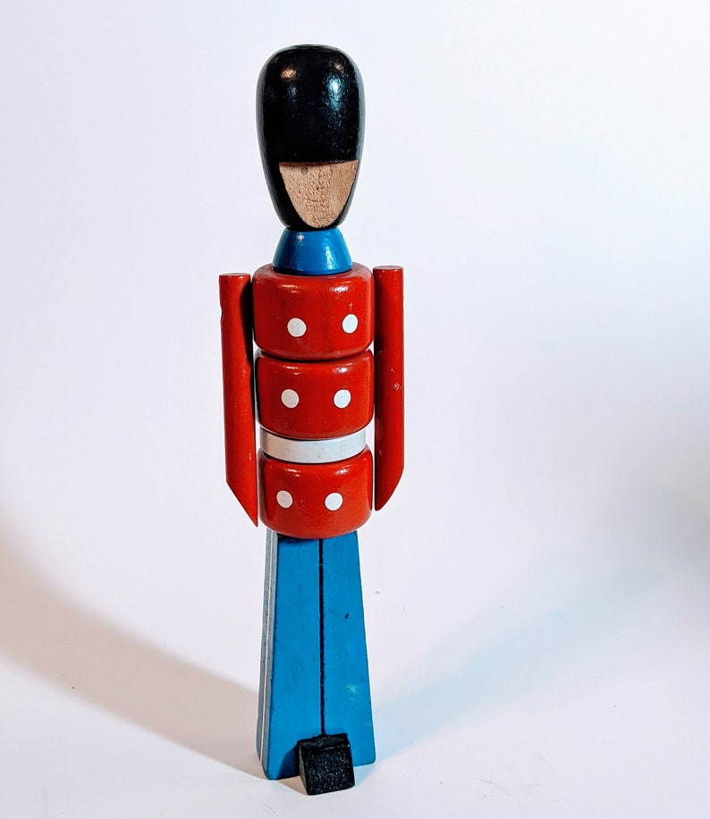 Wooden Toy Soldier Danish Royal Guard 13in Red Blue Paint Stacked Articulated Arm Vintage Mid Century Mod MCM Made In Denmark Bojesen Era VG image 2