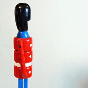 Wooden Toy Soldier Danish Royal Guard 13in Red Blue Paint Stacked Articulated Arm Vintage Mid Century Mod MCM Made In Denmark Bojesen Era VG image 6