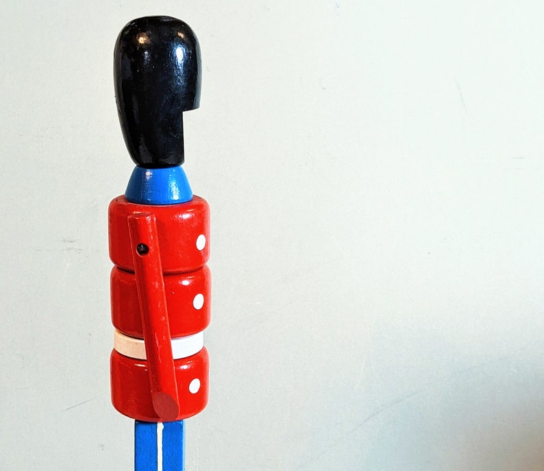 Wooden Toy Soldier Danish Royal Guard 13in Red Blue Paint Stacked Articulated Arm Vintage Mid Century Mod MCM Made In Denmark Bojesen Era VG image 6