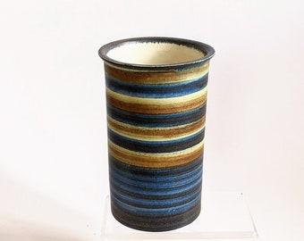 OKELA DENMARK STONEWARE Vase Tall Crock Striped 8x4 Subtle Blues Rust Brown Yellow Tan 1970s Danish Pottery