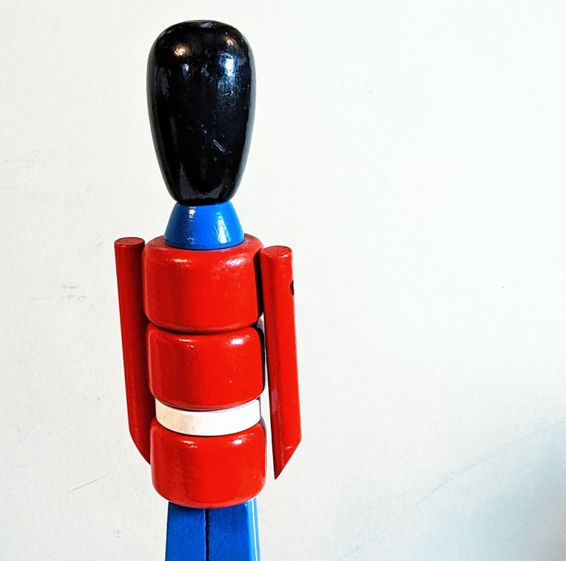 Wooden Toy Soldier Danish Royal Guard 13in Red Blue Paint Stacked Articulated Arm Vintage Mid Century Mod MCM Made In Denmark Bojesen Era VG image 5