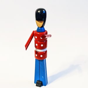 Wooden Toy Soldier Danish Royal Guard 13in Red Blue Paint Stacked Articulated Arm Vintage Mid Century Mod MCM Made In Denmark Bojesen Era VG image 1