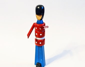 Wooden Toy Soldier Danish Royal Guard 13in Red Blue Paint Stacked Articulated Arm Vintage Mid Century Mod MCM Made In Denmark Bojesen Era VG