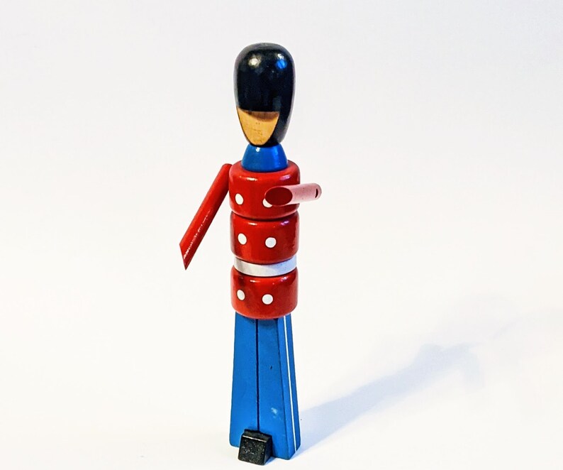 Wooden Toy Soldier Danish Royal Guard 13in Red Blue Paint Stacked Articulated Arm Vintage Mid Century Mod MCM Made In Denmark Bojesen Era VG image 1
