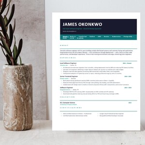 May include: A professional resume document for James Okonkwo, a Full-Stack Software Engineer, featuring sections for About, Experience, Education, and Certifications, with a dark blue header and teal accents, displayed on a white background.