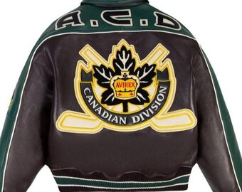 Vintage Avirex Canadian Division Leather Jacket, Embroidered Back Patch, Bomber Streetwear Outerwear