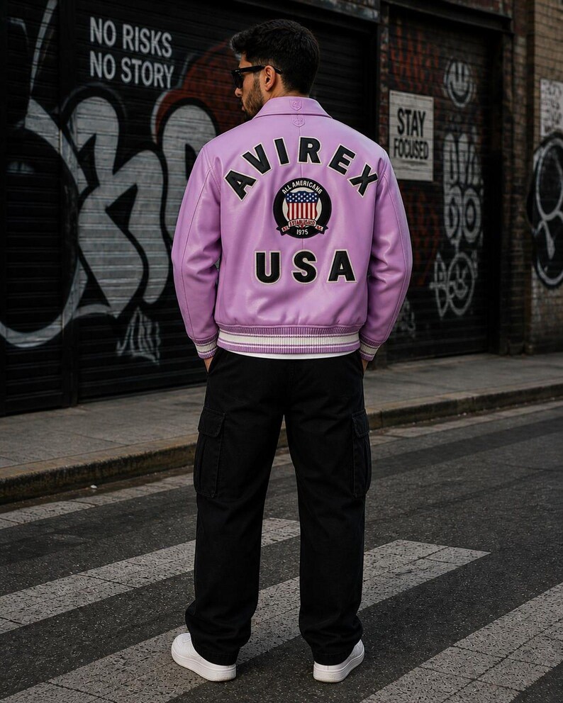 Avirex USA Pink Leather Varsity Jacket Men's Vintage Bomber Jacket Retro Streetwear Letterman Coat image 1