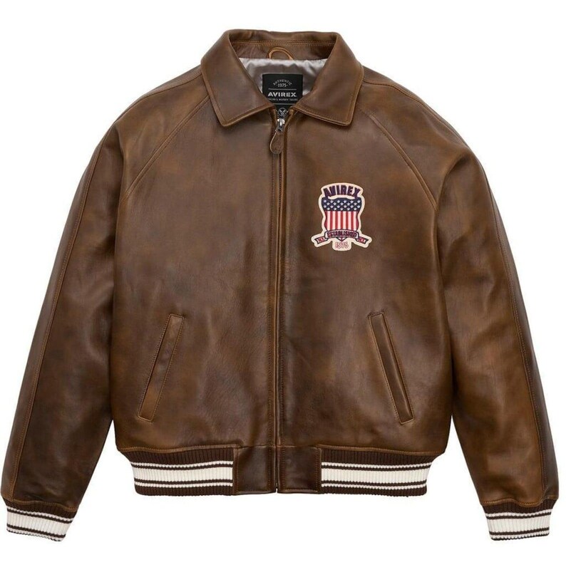 Avirex USA Braun Leder Varsity Jacke, Vintage Amerikanischer Bomber Stil mit Bestickter, Streetwear jacke Bild 2