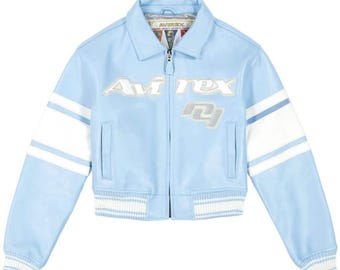 Avirex Light Blue Cropped Varsity Jacket for Women – Retro Racing Style Bomber Jacket