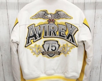 Avirex 75-jähriges Jubiläumsleder Varsity-Jacke - Gesticktes Rückenlogo, klassische amerikanische Streetwear