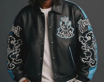 Avirex New York Leather Varsity Jacket Men's Black Bomber Jacket Embroidered Streetwear Letterman Coat