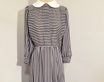 REO ORIGINALS DRESS // Vintage 70's Black & Gray Striped Dress Goth Grunge Punk Wednesday Addams Witch The Craft Size 6 Preppy Collared 80's