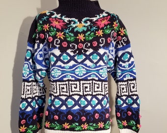 HAND KNIT SWEATER // Vintage Jennifer Reed Chunky 3D Floral Geometric 80's Mock Turtleneck Sweater Size M 90's Greek Key Preppy Hipster Rad