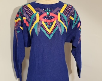 VICTORIA HARBOUR SWEATER // Bright Colorful 80's Vintage Gem Rhinestone Geometric 80's Faux Leather Sequins Pullover Preppy Rad 90's Cool