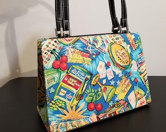 LAS VEGAS PURSE // Vintage Rhinestone Pop Art Shoulder Bag Faux Leather Slot Machine Martini King Casino 90s Rockabilly Cherry Vtg Y2k Fun