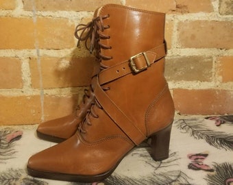 NOT FOR SALE // Ralph Lauren Boots Vintage Brown Leather Granny Lace Up Strap Buckle Deadstock New Old Stock Italy Victorian Stacked Heels