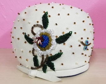 DON ANDERSON New York HAT // Vintage 60's Beaded Pearl Creamy White Pillbox Hat Winter Gift Avant Garde Flowers Inauguration Formal Holiday