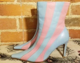 NOT FOR SALE // Bubblegum Pink & Baby Blue Boots Club Kid Bronx Leather Striped Heels Cyber Y2K E Girls Size 6 Mid Calf Ankle Festival Mod