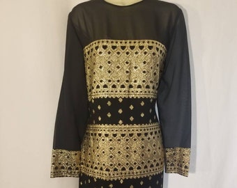 SCAASI NIGHTS DRESS // Vintage 60's Lbd Black Metallic Gold Lurex Dress Size 10 Retro Sheer See Through Sleeves 70's Black Tie 80's Wedding