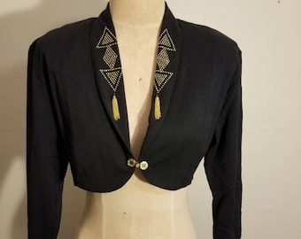 JUDY KNAPP BOLERO // Vintage 80's Black Gold Studded Cropped Blazer Jacket Geometric Triangle Gold Chain Tassels Punk New Wave Goth Witch S