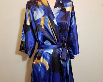 NOT FOR SALE / Morgan Taylor Intimates Robe Cobalt Royal Blue Silky Satin Floral Print Watercolor Lingerie Flowers Lounge Wear Duster Kimono