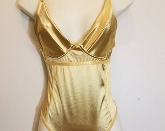 SATIN GOLD BODYSUIT // 90's Sexy Metallic Gold Bodysuit Dancer Festival Cyber Y2K E Girl Babe One Piece Size L Bedroom Lingerie Honeymoon