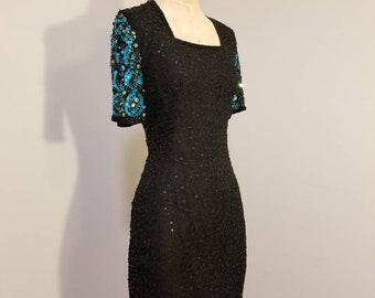 STENAY SEQUIN DRESS // 80's Black Blue Teal Gold Beaded Silk India Club Holiday New Years Sparkle 90's Wedding Mother of the Bride Lbd Goth