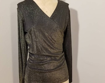 WORTH WRAP TOP // Vintage 90's Sexy Metallic Gold Black Wrap Blouse Long Sleeve Boss Bitch Size L Low Cut Holiday Preppy 2000's Work Office