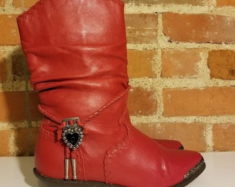 NOT FOR SALE / Zodiac Red Boots Vintage Cowboy Western Leather Black Heart Bolo Tie Preppy Yuppie Hipster Boho Bohemian Rocker Punk Mid Calf