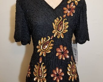 STENAY SEQUIN TOP 70's Studio 54 Disco Black Gold Bronze Floral Beaded Flowers Silk Top India Club Holiday New Years Sparkle Deadstock 80's