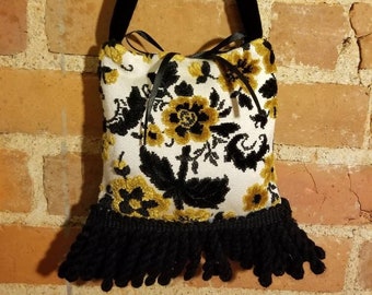 FLORAL CHENILLE PURSE / Vintage 60s Small Black Golden Yellow Floral Print Fringe Tassels Velvet Top Handel Strap Bow Tie Handmade Mod Retro