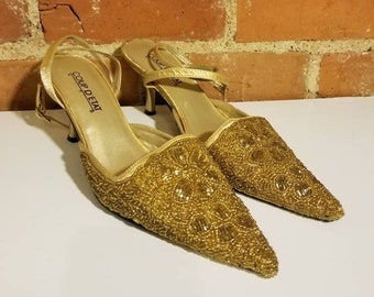 NOT FOR SALE // Gold Beaded Heels Coup D'Etate Ltd Queen Princess Heels Metallic Gold Pointy Ankle Buckle Straps Heels Wedding Size 7 Bride