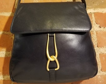 NOT FOR SALE // Vintage Leather Purse Black Leather Modern Gold Hardware Preppy Dark Midnight Blue Goth 2000's Simple Classic Double Straps