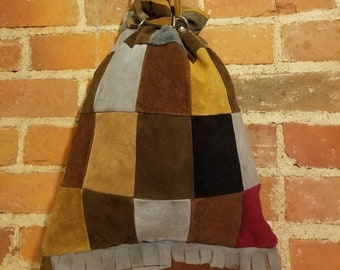 NOT FOR SALE / Patchwork Drawstring Purse Vintage 70's Genuine Suede Checkered Fringe Bag Retro Hippie Spain Spanish Leather Hippie Bohemian