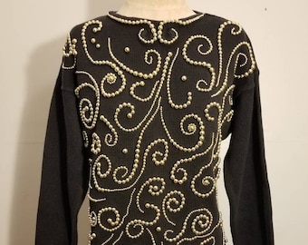 GOLD BEADED SWEATER / 80's Vintage Metallic Golden Ball Studs Swirl Sweater Victoria Jones Size M 90's Pullover Preppy Mom Holiday Christmas