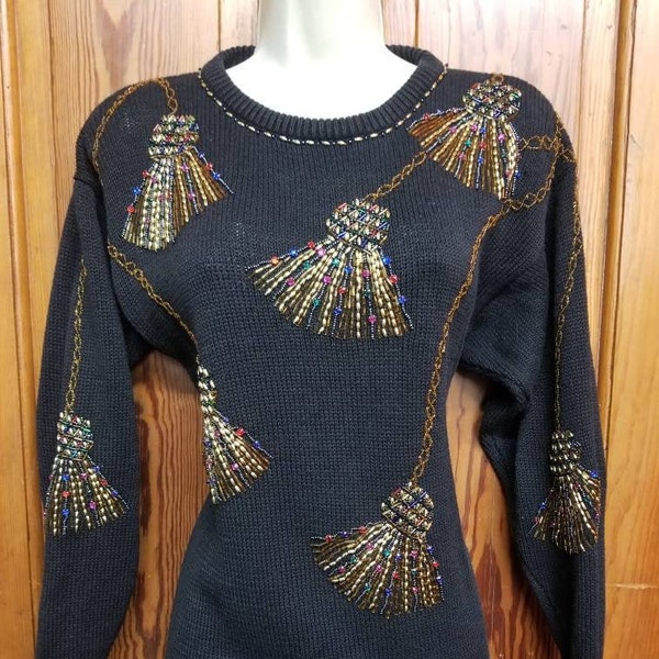 BEJEWELED TASSEL SWEATER // 80's Vintage Metallic Rainbow Rhinestone Sweater Victoria Harbour Petites M Pullover Sparkly Black Beaded Gold