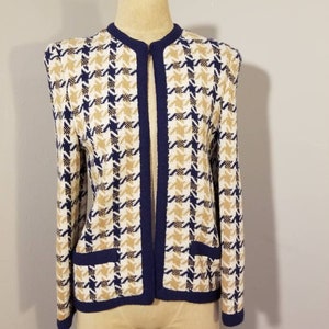 CASTLEBERRY HOUNDSTOOTH CARDIGAN // Vintage 80&#39;s Thick Knit Cardigan Sweater Blazer Jacket Long Sleeve Classic Preppy Size 8 Preppy Proper