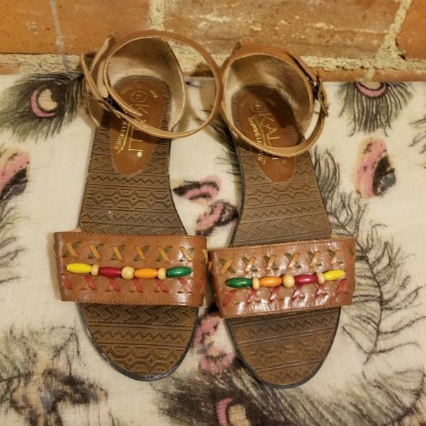 KALLI LEATHER SANDALS // 80's Brown Genuine Leather Woven Beaded Ankle Buckle Straps Flats Shoes Open Toe Size 7 Brazil Hipster 90's Mom Rad