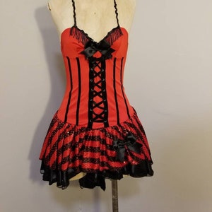 MOULIN ROUGE DRESS // Sexy Red Corset Black Velvet Lace Up Circus Ringleader Can Can Dancer Fringe Sequin Halter Bow Party Halloween Costume