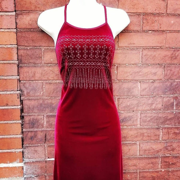 RASPBERRY RAVER DRESS // Deep Red Velvet Glitter Sun Dress Sparkle Size M Babydoll 90's Dancer Festival Stretch Club Wear Criss Cross Straps