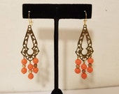 ORANGE BEAD EARRINGS Vintage 60 39 s Cut Out Costume Pierced Drop Dangle Estate Gold Bronze Teardrop Wedding Boho Hipster Festival