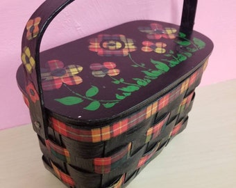 NOT FOR SALE // Flower Power Purse Retro Decoupage Woven Basket Plaid Hand Painted Hippie Festival Woodstock Girly Picnic Mod Mid Century