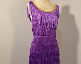 FRINGE SHOWSTOPPER DRESS // Vintage 70's Does 20's Flapper Purple Dress Dancer Dancing Costume Department 80's Gold Sequins Vegas Show Girl