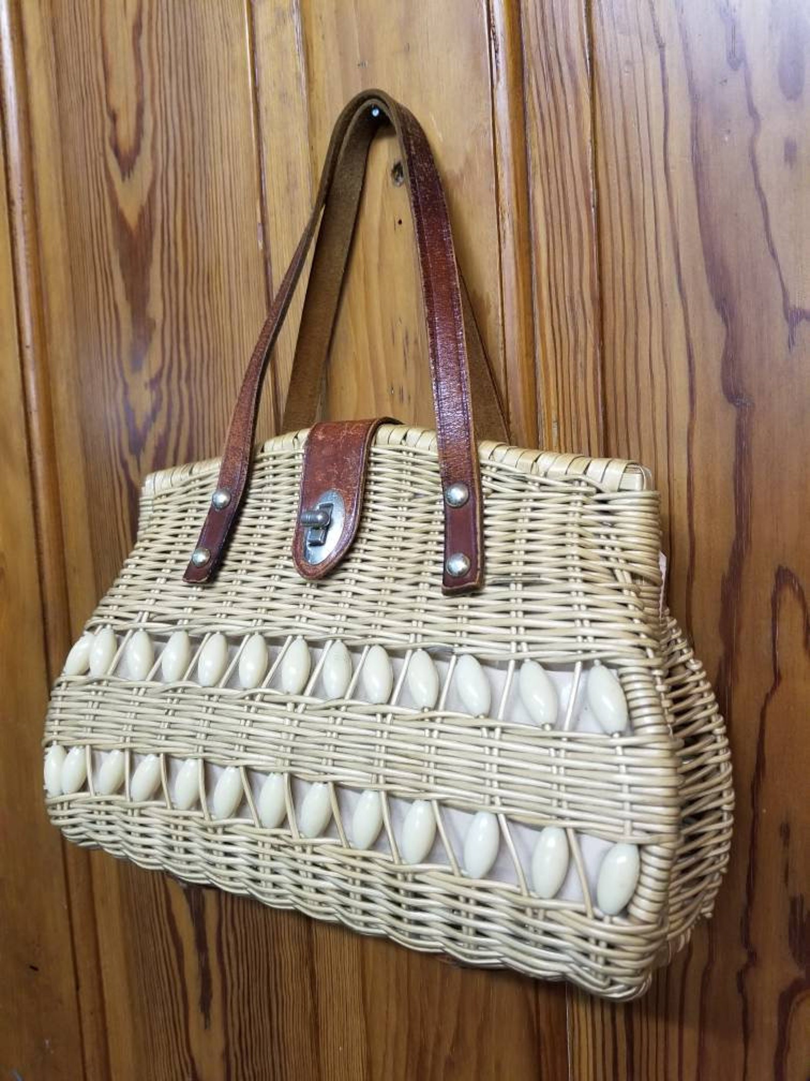 WOVEN BASKET PURSE // 60's Brown Leather Structured Etsy